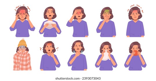 Mujer con gripe, síntomas de frío. Cefalea, náuseas, goteo nasal y dolor de garganta, tos. Chica enferma. Ilustración vectorial en estilo plano