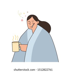 woman with flu and cold under the blanket holding a hot tea and holding a thermometer in her mouth,  hand drawn style vector illustration.