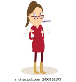 Woman with flu. Having a cold with thermometer in his mouth. Vector Illustration.