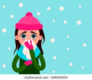 Woman with flu on the background of snow. Flat design. Vector illustration