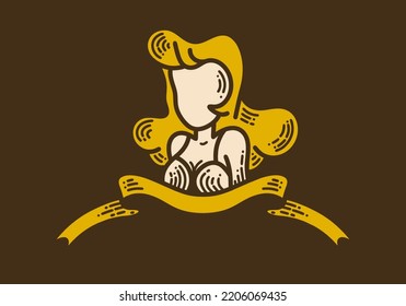 Woman with fluffy hair retro vintage line art design