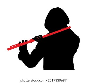 Woman flute music playing flutist vector silhouette illustration isolated on white background. Musician girl performer with musical instrument. Street performer. Music lady portrait.  Flute player.