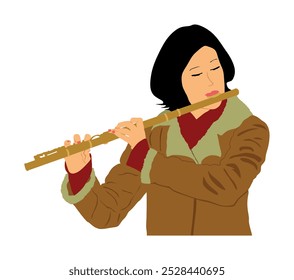 Woman flute music playing flutist vector illustration isolated on white background. Musician girl performer with musical instrument. Female street performer. Music lady portrait.  Flute player.