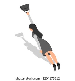Woman fly to shopping icon set. Isometric set of woman fly to shopping vector icons for web design isolated on white background