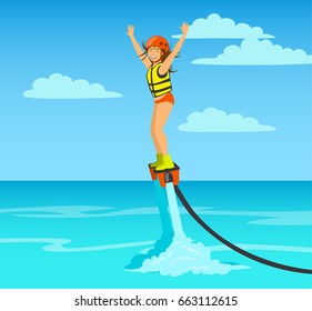 Woman flyboarding. summer beach sea extreme water sport activity