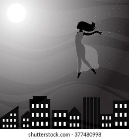Woman flying above night city