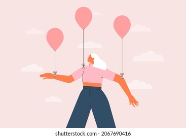 Woman flying with balloons in the sky. Young carefree girl in the air. Concept of freedom, inspiration, mental health, happiness. Isolated flat vector illustration
