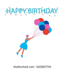 Woman flying with balloons. Vector illustration isolated on white. Happy birthday text