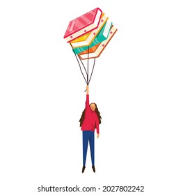 a woman flying with books, illustration isolated. flat design on white background