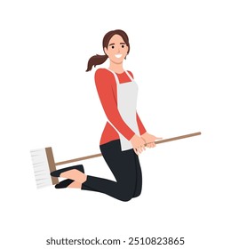 Woman Flying with Broomstick. Flat vector illustration isolated on white background