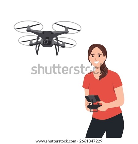 Woman Flying a Drone with Remote Controller. Flat vector illustration isolated on white background