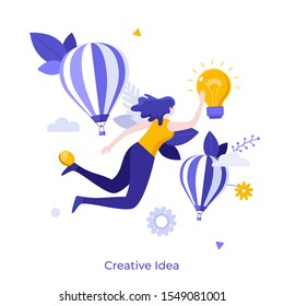 Woman flying or floating in air and touching glowing light bulb. Concept of creativity, creative, innovative and inspiring idea for business, breakthrough. Flat cartoon colorful vector illustration.