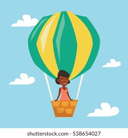 Woman flying in a hot air balloon. African woman standing in the basket of hot air balloon. Woman traveling in aerostat. Girl riding a hot air balloon. Vector flat design illustration. Square layout.