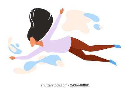 Woman flying with joy, levitating action with positive energy vector illustration