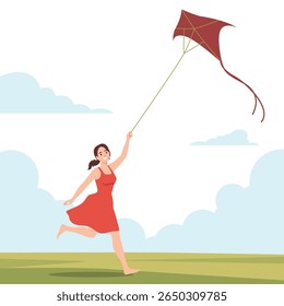 Woman Flying a Kite in the Open Field. Flat vector illustration isolated on white background