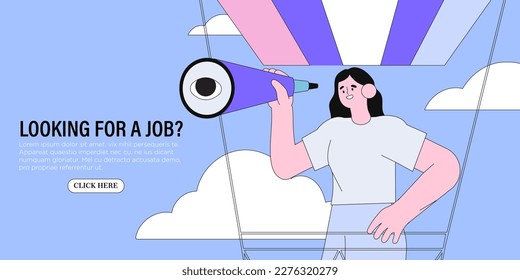 Woman flying on air ballon and look in spyglass search job or career opportunity. Personal growth or choice. Searching process banner, ad, landing page or poster for web, startup or courses.