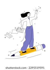 Woman flying on big pencil. Happy female character celebrate idea, startup. Creating, business success concept. Educational process. Flat line vector illustration