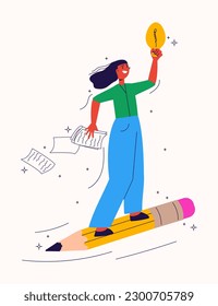 Woman flying on big pencil. Happy female character holding idea bulb. Creating, business success, startup concept. Educational process. Modern flat vector illustration