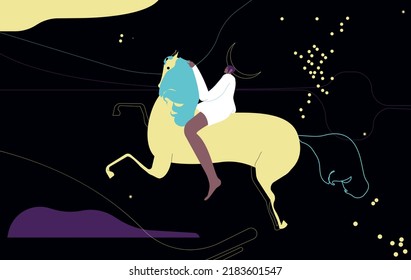 Mujer volando sobre un caballo. Imaginación, soñaciones, concepto de mundos de hadas.  Ilustraciones gráficas planas vectoriales aisladas en fondo blanco.