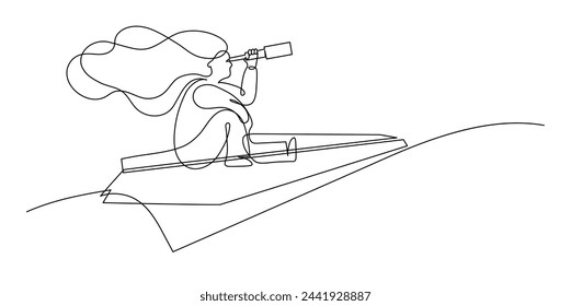 Woman flying on the paper plane and looking into telescope. Girl looking forward. Future vision. Continuous line drawing.