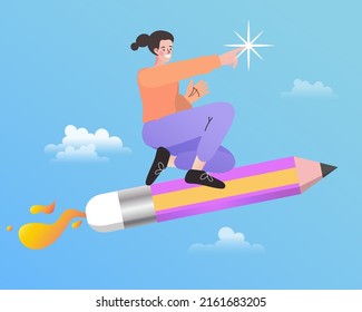 woman flying on a pencil. Generating ideas or leap of imagination concept. Girl riding a pencil rocket flying in the sky. Success in business and creativity. Back to school vector illustration.