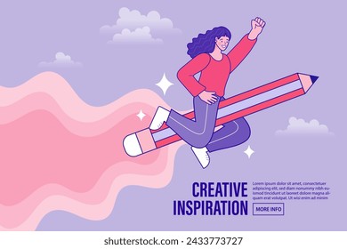 Mujer volando sobre un contorno de lápiz. Generando ideas o concepto de salto de imaginación. Éxito en negocios y creatividad. Ilustración vectorial de vuelta a la escuela.