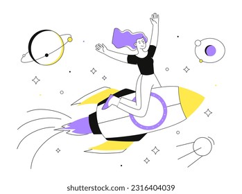 Mujer volando sobre el concepto de línea de cohetes. Astronauta entre planetas en cielo estrellado. Astrología y astronomía. Galaxia y universo. Transporte cerca de cuerpos cósmicos. Ilustración lineal vectorial