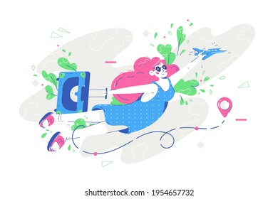 Woman flying on vacation vector illustration. Female in bright outfit with suitcase going on holiday flat style. Summer time and travel concept. Isolated on white background