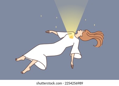 Woman flying in sky and heart open for enlightenment  Soul leaving human body  Concept physical embodiment   eternal life  Vector illustration  