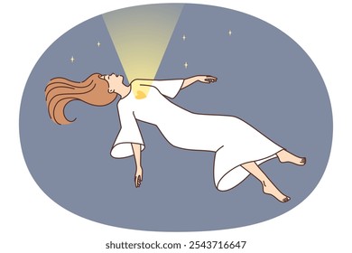 Mulher voando no céu com o coração aberto para a iluminação. Alma deixando o corpo humano. Conceito de encarnação física e vida eterna. Ilustração vetorial.