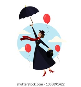 Woman flying in the sky on an umbrella with red balloons. Vector illustration of a fairytale hero. A woman in a blue suit with a suitcase.