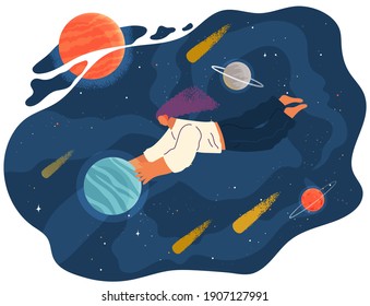 A woman flying in space vector flat illustration with planets and stars cartoon cosmic scene. Female character holding planet with dream universe. The girl flies in space. Abstract style people