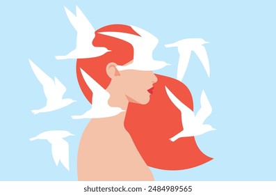 Woman and flying white birds. Female figure surrounded floating doves. Mental health concept - psychology, states of mind, feelings, meditation, emotions and calm. Minimalist vector illustration.