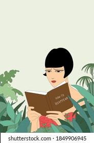 Woman focus on her book with tropical green plants background, sweet and light flat hand drawn style, reading alone with nature, 100 percent anxiety concept illustration