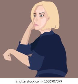 Woman with a focused look. Work, study, education. Vector portrait isolated.