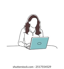 Woman focused on her laptop continuous black line art isolated flat vector illustration on white background
