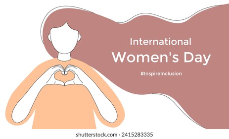 Woman folded her hands with a heart.International Women's Day.Inspire inclusivity.Banner with text.Vector stock illustration.