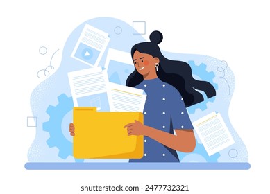 Woman with folder with documents. Young girl with folder and files. Electronic storage and archive, cloud service. Download and upload. Cartoon flat vector illustration isolated on white background