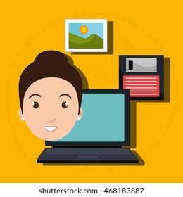 woman folder floppy laptop vector illustration graphic
