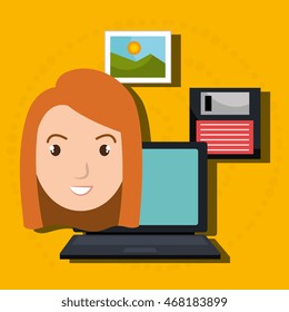 woman folder floppy laptop vector illustration graphic