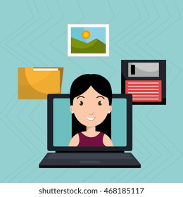 woman folder floppy laptop vector illustration graphic