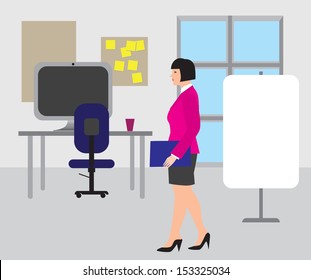 The woman with the folder goes on office. Vector illustration