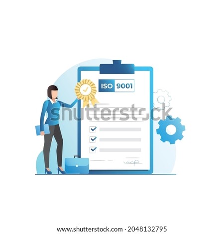 Woman with folder hangs on document of certification, accreditation, completed list of iso quality mark, medal, award sign. Quality management system in business. Successful audit in company.