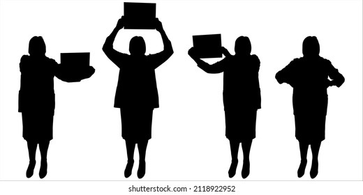 Mujer con una carpeta en sus manos. El empleado de oficina, secretario, el empleado. Un trabajador de oficina tiene una carpeta con documentos. Cuatro siluetas negras femeninas están aisladas en el blanco. Vista frontal.