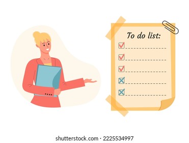 Una mujer con una carpeta apunta a la lista de verificación de papel grande. Para hacer lista, planificación de días, administración de tiempo, concepto de tareas de priorización.
