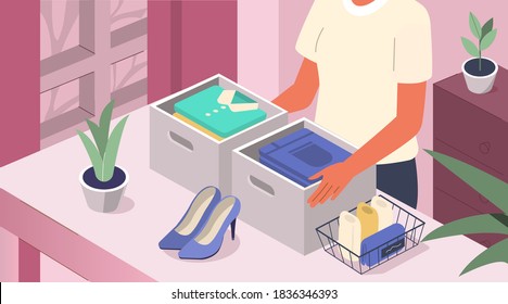 Woman Folding Clothes and Accessories in Boxes, Drawers and Metal Basket. Room Cleaning, Sorting Stuff and Tidying Clothes in Wardrobe. Home Organizing Concept. Flat Isometric Vector Illustration.