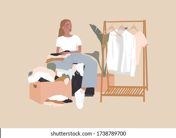 A woman is folding clothes. Second Hand donation box bin. Art in Scandinavian style. Colored vector illustration in flat cartoon style. Big clothing rack. Young girl sorting things