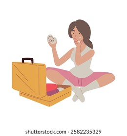 Woman folding clothes while preparing a suitcase isolated vector illustration