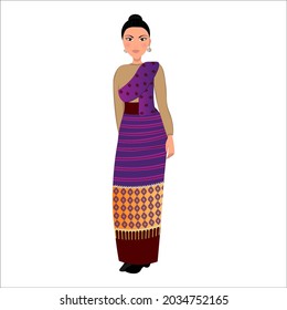 Woman in folk national Thai costume. Vector illustration
