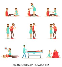 Woman Following Firs Aid Primary And Secondary Emergency Treatment Procedures Collection Of Infographic Illustrations